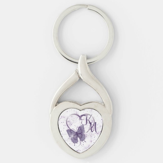 Elegant Purple Butterfly, Heart & Marble Monogram  Keychain (Front)