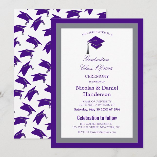 Elegant purple caps graduation ceremony invitation (Devant / Derrière)