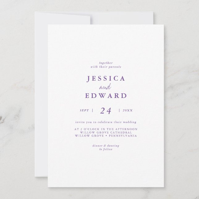 Elegant Purple Casual Calligraphy Wedding Invitation (Front)