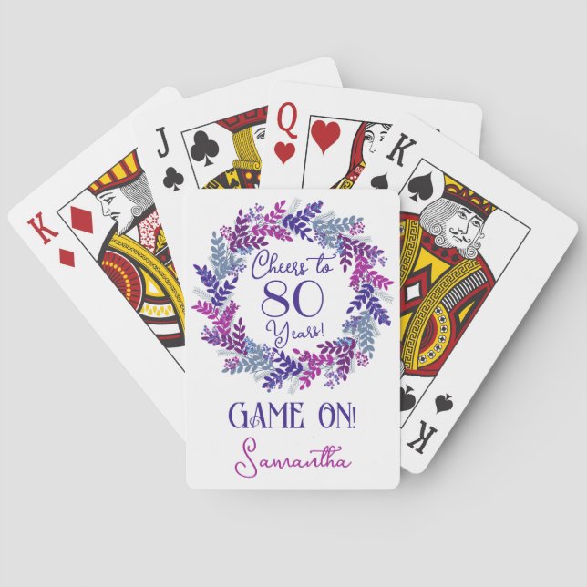 Elegant Purple Cheers to 80 Years Birthday Party Playing Cards (Back)