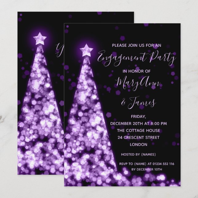 Elegant Purple Christmas Tree Engagement Party Invitation (Front/Back)