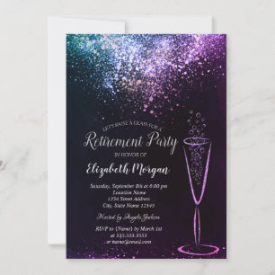 Elegant Purple Confetti Glass Black Retirement Invitation