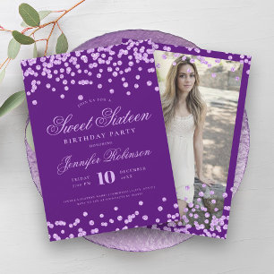 Elegant Purple Confetti Photo Sweet 16 Invitation