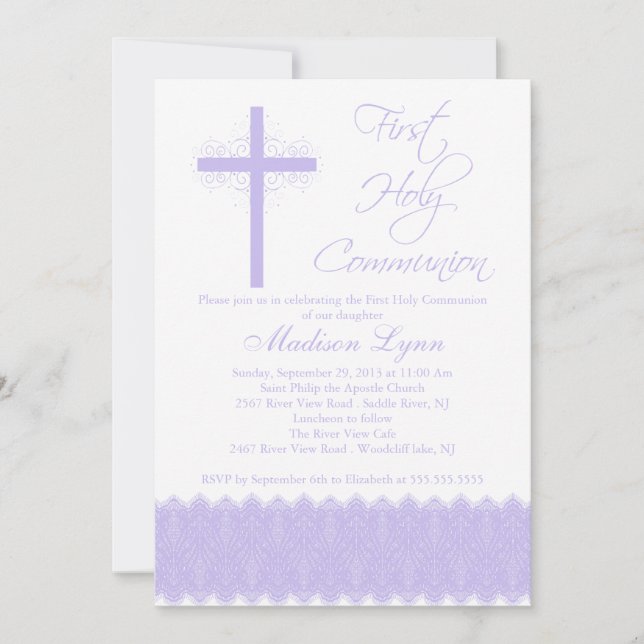 Elegant Purple Cross First Holy Communion Invitation (Front)