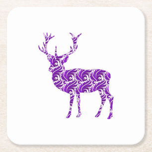 Elegant Purple Damask Deer Stag Square Paper Coaster
