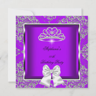 Elegant Purple Damask Silver Birthday Party Invitation