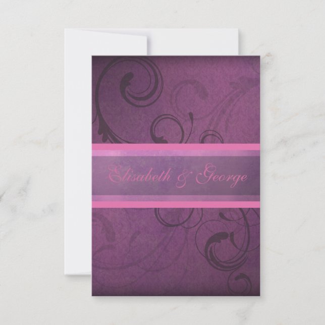 Elegant Purple Damask Swirls RSVP Response Cards (Front)