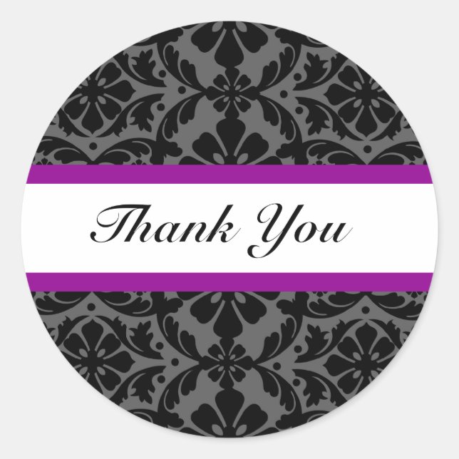 Elegant Purple Damask Wedding Thank You Stickers (Front)