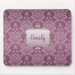 Elegant Purple Damask with Custom Name Mouse Pad