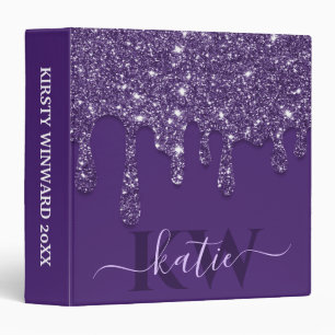 Elegant Purple Dripping Glitter Monogram Binder