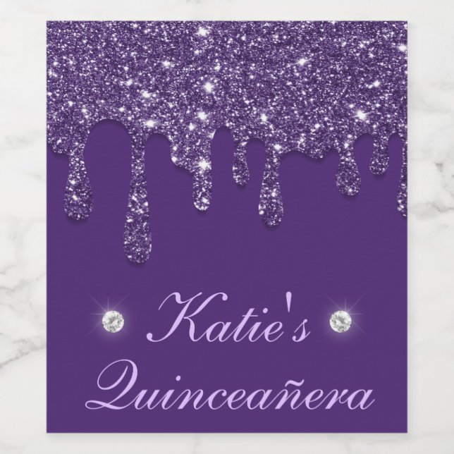 Elegant Purple Dripping Glitter Quinceanera Wine Label (Single Label)