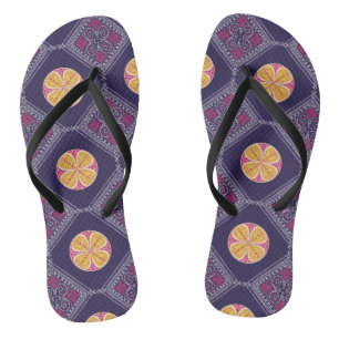 Elegant Purple Fabric with Yellow Floral Pattern Flip Flops