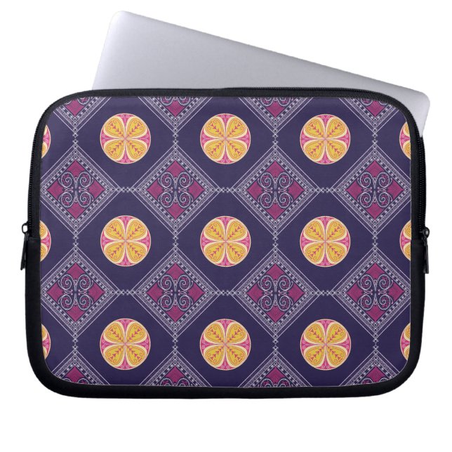 Elegant Purple Fabric with Yellow Floral Pattern Laptop Sleeve (Front)