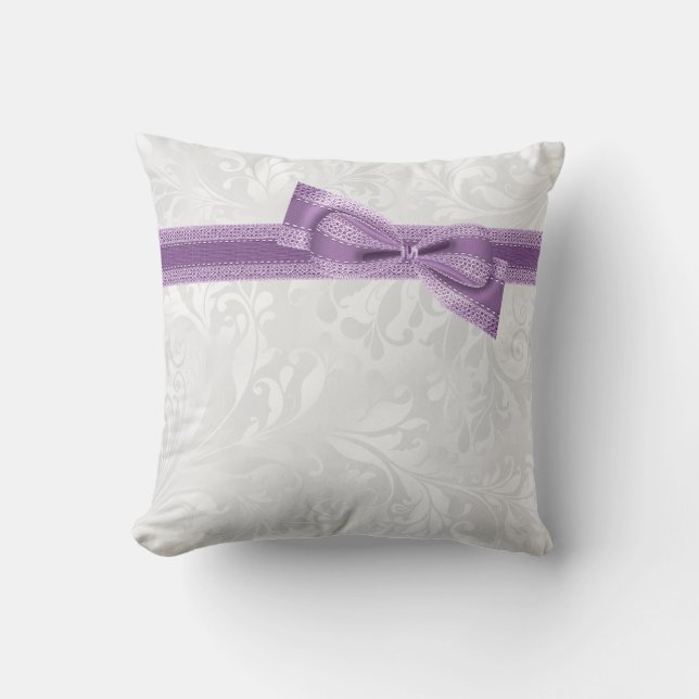 Elegant Purple Faux Bow & Ribbon & Damask Throw Pillow (Front)