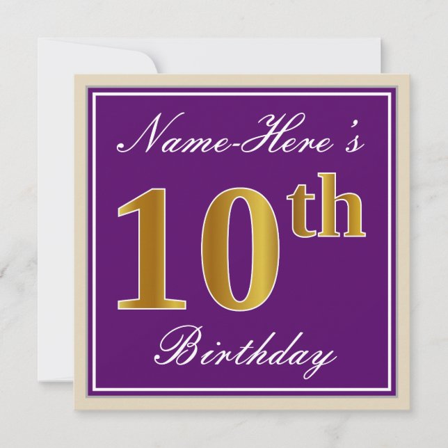 Elegant, Purple, Faux Gold 10th Birthday + Name Invitation (Front)