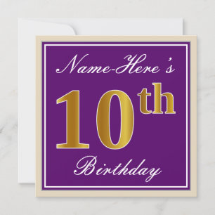 Elegant, Purple, Faux Gold 10th Birthday + Name Invitation