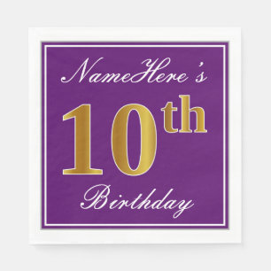 Elegant Purple, Faux Gold 10th Birthday + Name Napkin