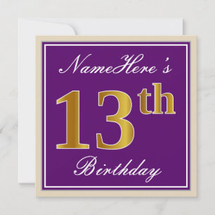 Elegant, Purple, Faux Gold 13th Birthday + Name Invitation