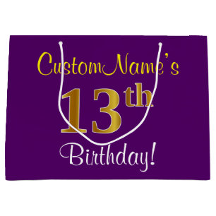 Elegant, Purple, Faux Gold 13th Birthday + Name Large Gift Bag