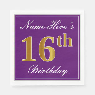 Elegant Purple, Faux Gold 16th Birthday + Name Napkin