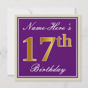 Elegant, Purple, Faux Gold 17th Birthday + Name Invitation