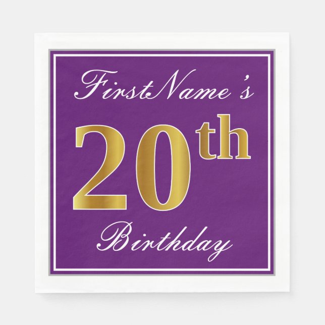 Elegant Purple, Faux Gold 20th Birthday + Name Napkin (Front)