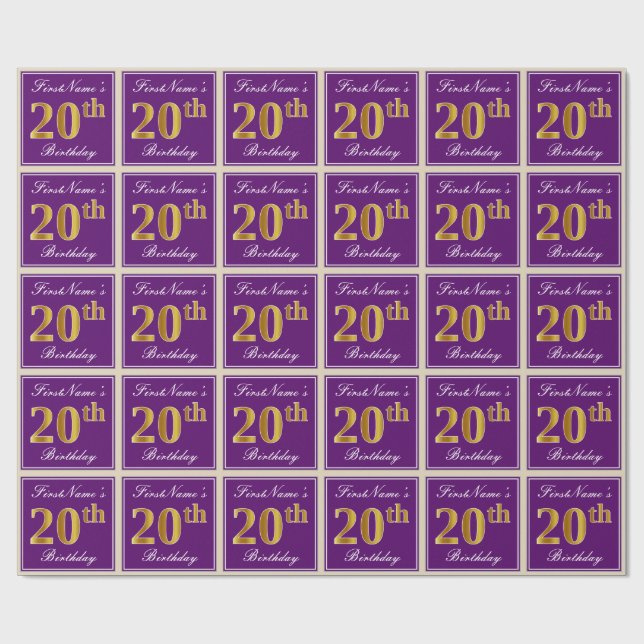 Elegant, Purple, Faux Gold 20th Birthday + Name Wrapping Paper (Flat)