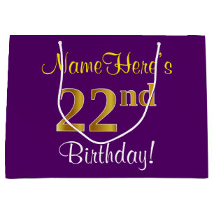 Elegant, Purple, Faux Gold 22nd Birthday + Name Large Gift Bag