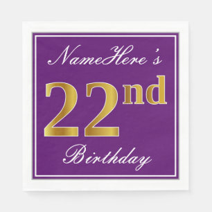 Elegant Purple, Faux Gold 22nd Birthday + Name Napkin