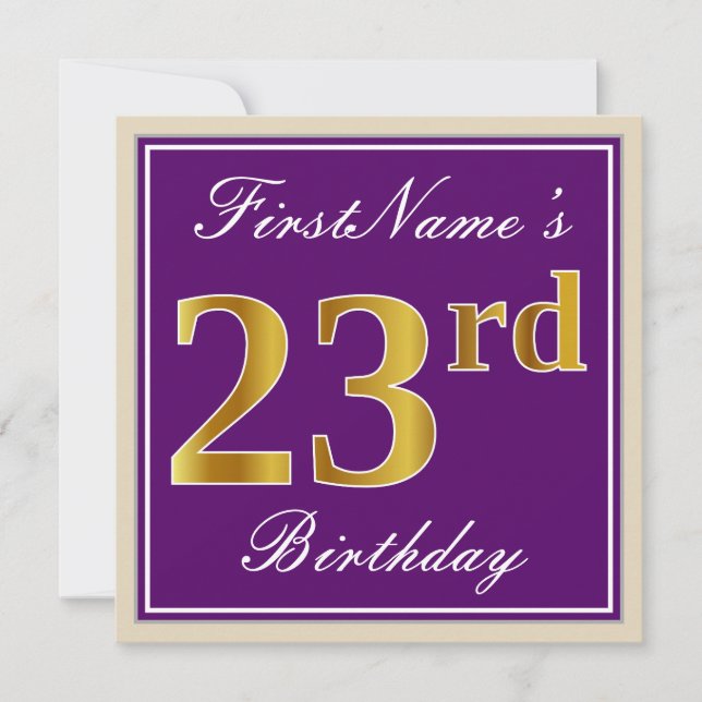 Elegant, Purple, Faux Gold 23rd Birthday + Name Invitation (Front)