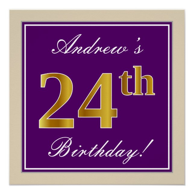 Elegant, Purple, Faux Gold 24th Birthday + Name Poster (Front)