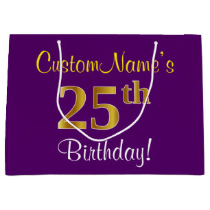 Elegant, Purple, Faux Gold 25th Birthday + Name Large Gift Bag