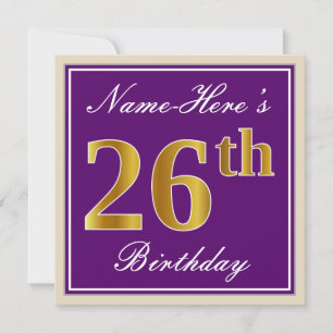 Elegant, Purple, Faux Gold 26th Birthday + Name Invitation