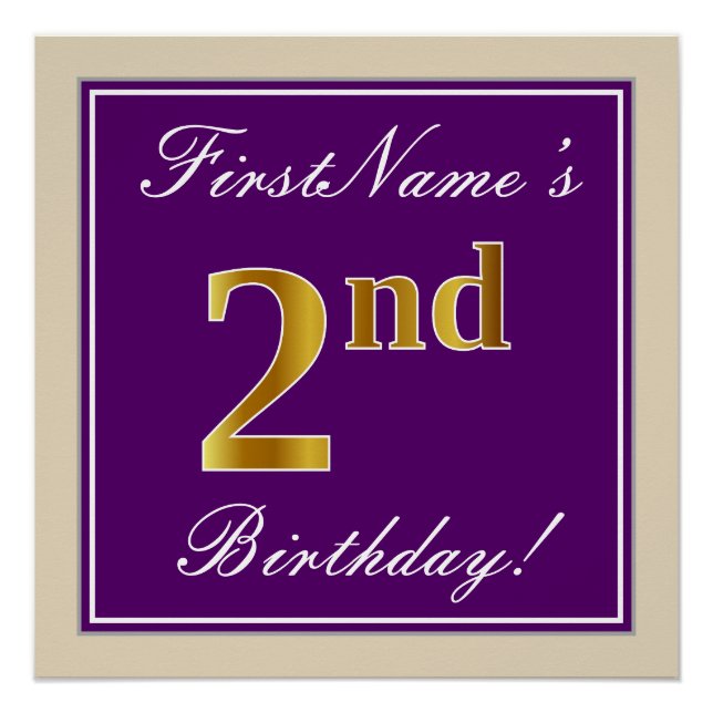 Elegant, Purple, Faux Gold 2nd Birthday + Name Poster (Front)