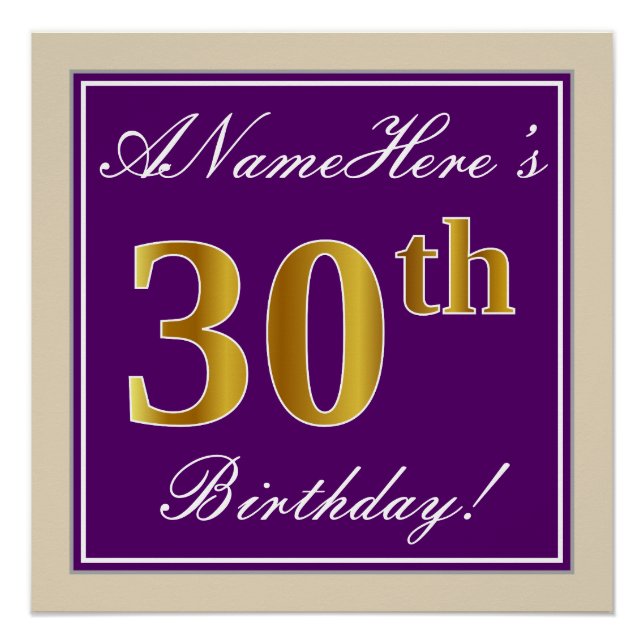 Elegant, Purple, Faux Gold 30th Birthday + Name Poster (Front)