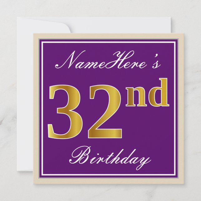 Elegant, Purple, Faux Gold 32nd Birthday + Name Invitation (Front)