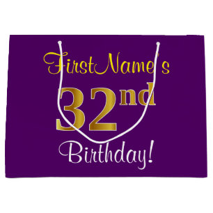 Elegant, Purple, Faux Gold 32nd Birthday + Name Large Gift Bag