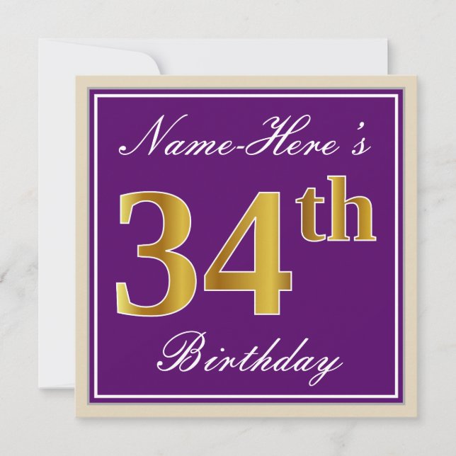 Elegant, Purple, Faux Gold 34th Birthday + Name Invitation (Front)