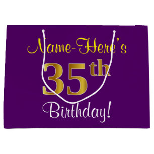 Elegant, Purple, Faux Gold 35th Birthday + Name Large Gift Bag
