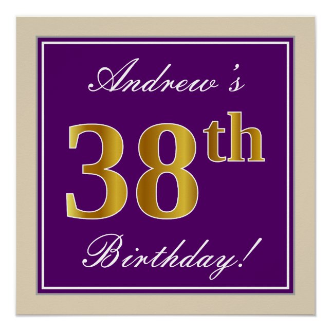 Elegant, Purple, Faux Gold 38th Birthday + Name Poster (Front)
