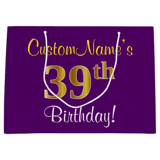 Elegant, Purple, Faux Gold 39th Birthday + Name Large Gift Bag (Front)