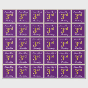 Elegant, Purple, Faux Gold 3rd Birthday + Name Wrapping Paper