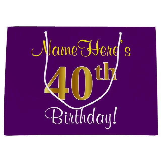 Elegant, Purple, Faux Gold 40th Birthday + Name Large Gift Bag (Front)