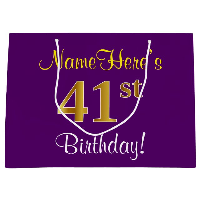 Elegant, Purple, Faux Gold 41st Birthday + Name Large Gift Bag (Front)