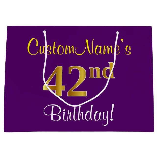 Elegant, Purple, Faux Gold 42nd Birthday + Name Large Gift Bag (Front)