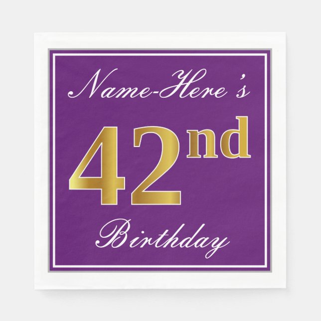 Elegant Purple, Faux Gold 42nd Birthday + Name Napkin (Front)