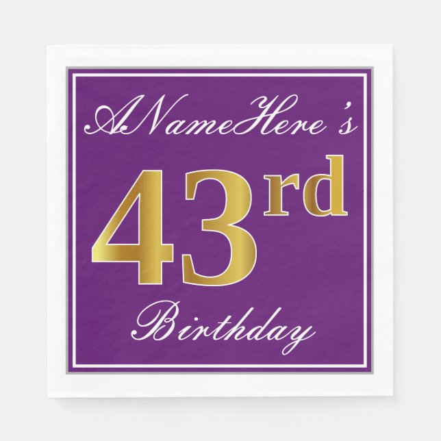 Elegant Purple, Faux Gold 43rd Birthday + Name Napkin (Front)