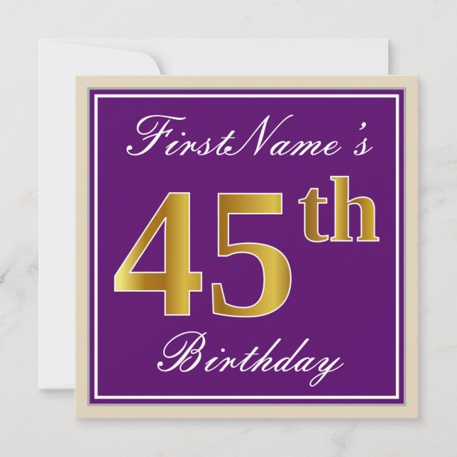 Elegant, Purple, Faux Gold 45th Birthday + Name Invitation (Front)