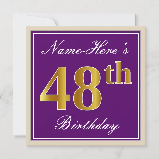 Elegant, Purple, Faux Gold 48th Birthday + Name Invitation (Front)