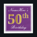 Elegant Purple, Faux Gold 50th Birthday   Name Napkin<br><div class="desc">This simple and elegant paper napkin design features a message like "NameHere’s 50th Birthday" (with the "50th" having a faux gold-like colouring) within a purple-coloured square area featuring a simple border outline. The name is in a white-coloured script-like text, and can be customized. Napkins like these could perhaps be used...</div>
